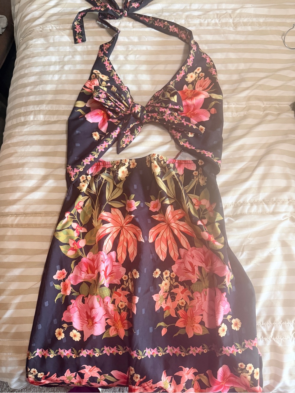 Black Floral Halter Cutout Hawaiian Print Dress